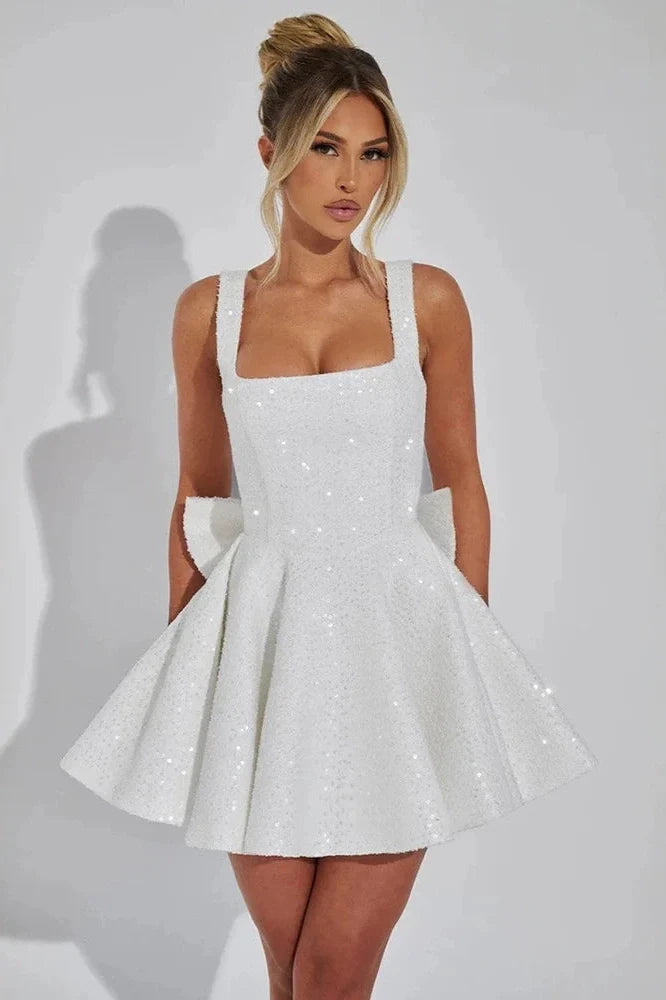 Backless Square Collar Sleeveless High Waist Mini Dress