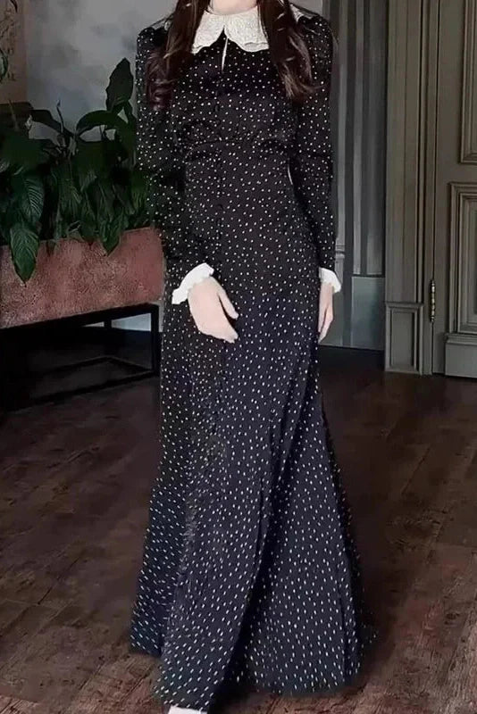 Elegant Long Sleeve Slim Lace Up High Waist Pleat Printed Maxi Dress