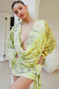 Tie Dye Print Long Sleeve Deep V Neck Mini Dress