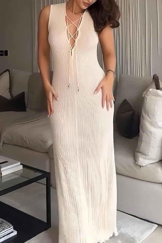 Elegant Hollow Out Lace Up Slim Knitted Sleeveless Maxi Dress