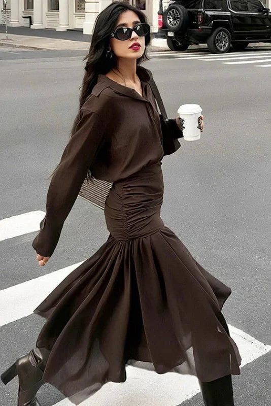 Long-Sleeved Pleated Slim High Waist Midi Dress