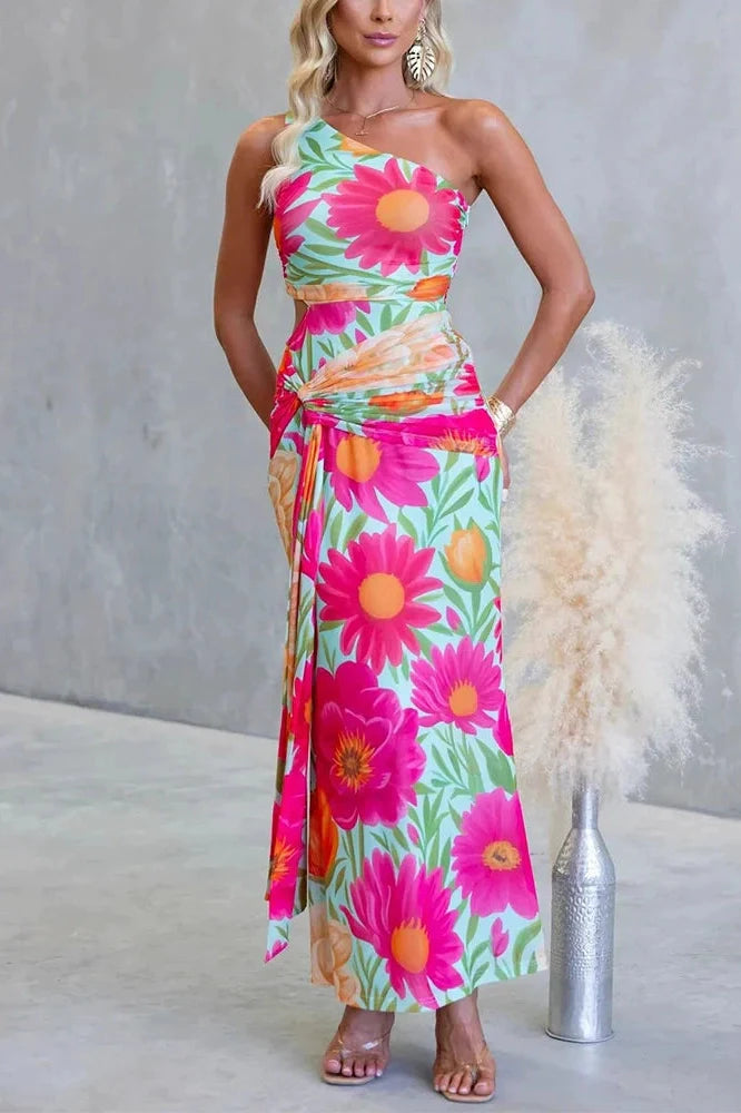 Hollow Out Sleeveless Slim High Waist Printed Maxi Dress