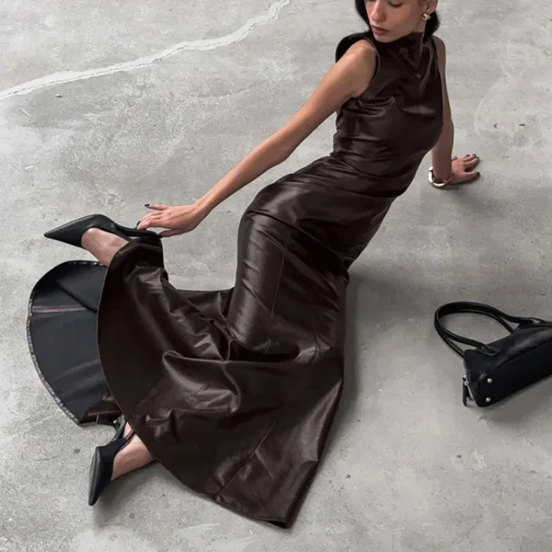 PU Leather Patchwork High Waist Sleeveless Maxi Dress