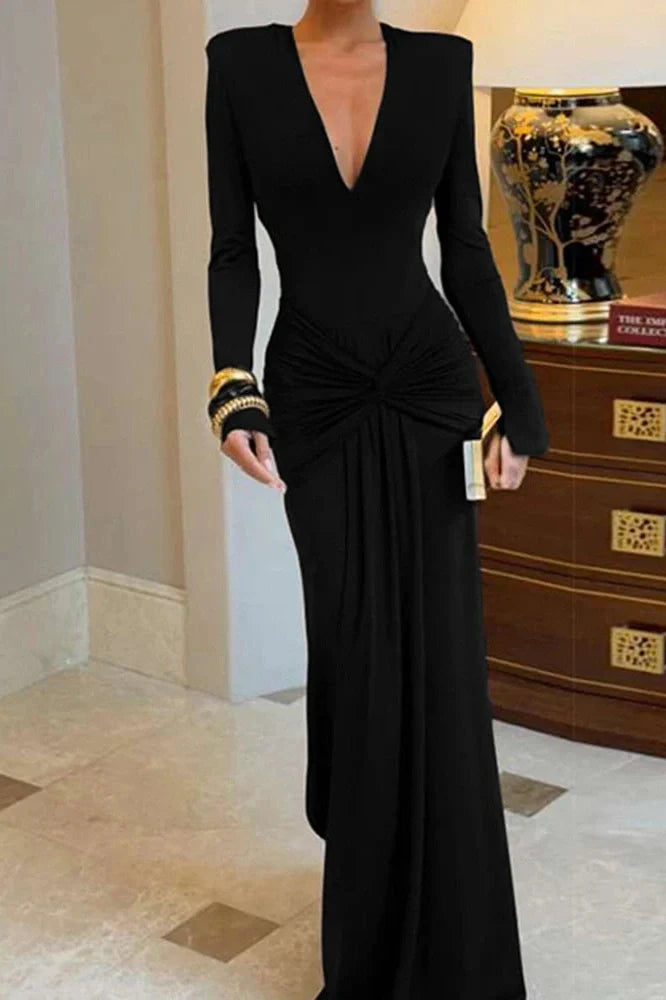 Elegant Deep V-Neck Slim Long Sleeve Pleated Maxi Dress