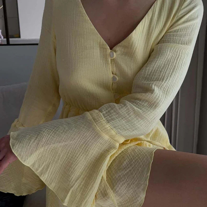 Long Sleeve Lace High Waist V-Neck Loose Mini Dress