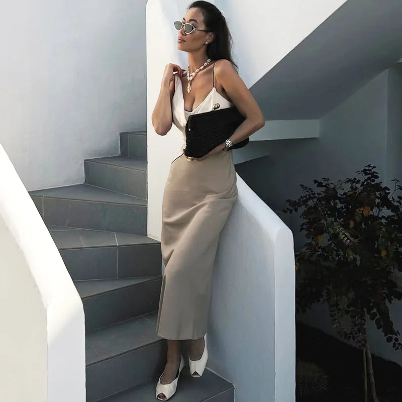 V Neck Patchwork Backless Maxi Dress