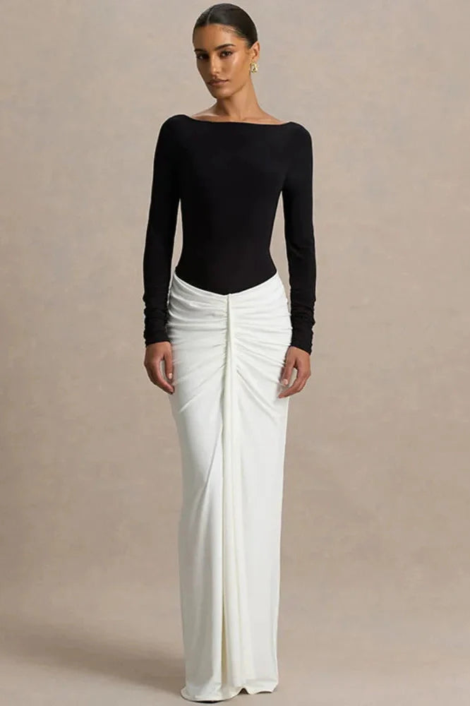 Long Sleeve Backless Patchwork High Waist Maxi Dress