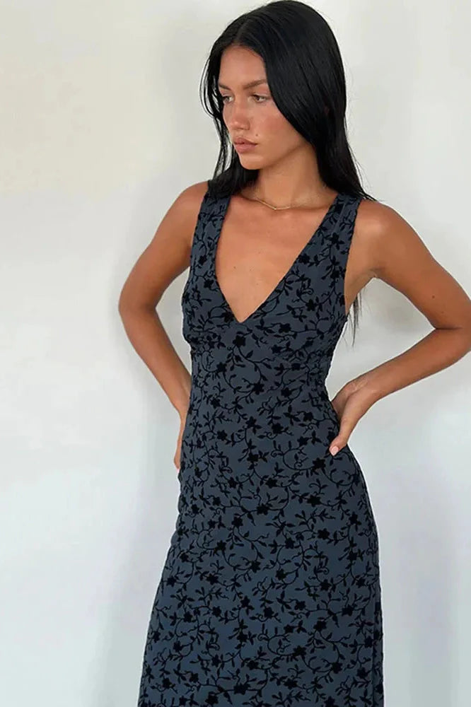 Printed Deep V Neck Sleeveless Slim Maxi Dress