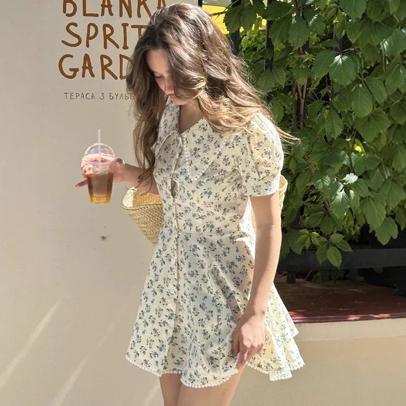 Printed Short Sleeve Slim Single Breasted Mini Dress