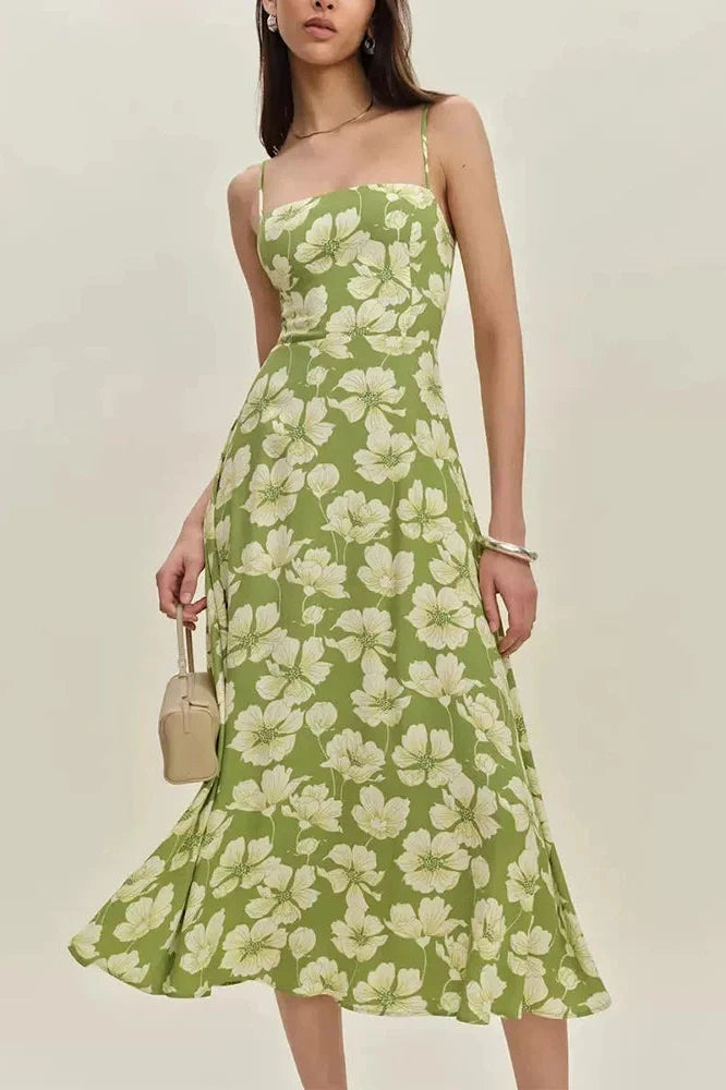 Backless Fit Floral Printed Sleeveless High Waist Midi Dress