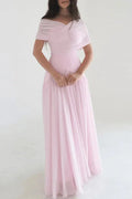 Off Shoulder High Waist Pleated Maxi Dress