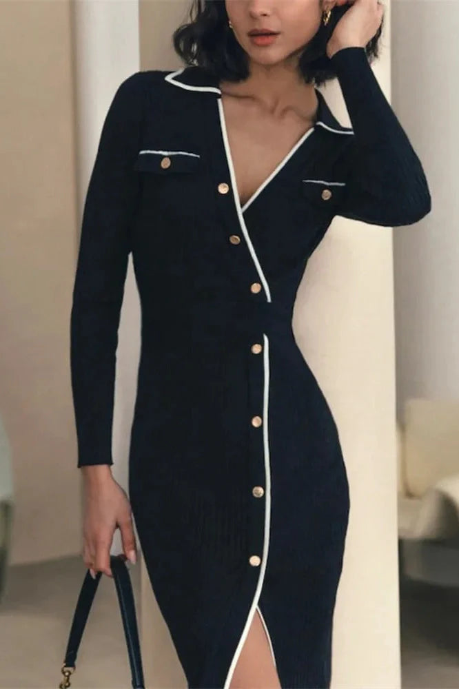 Patchwork Knit Slim Lace-Up High Waist Split Midi Dress