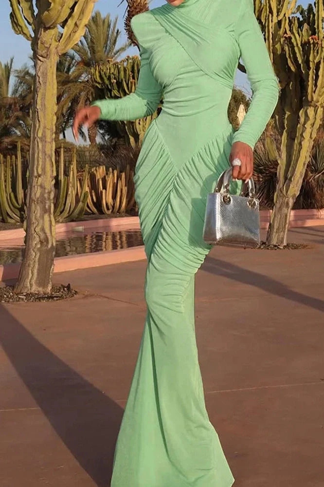 Elegant Backless Slim High Waist Turtleneck Long Sleeve Pleated Maxi Dress