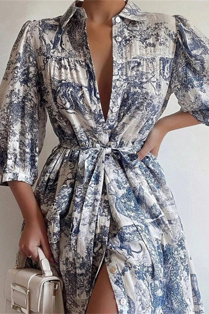 Printed Lace-Up High Waist Short Sleeve Mini Dress