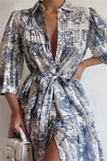 Printed Lace-Up High Waist Short Sleeve Mini Dress