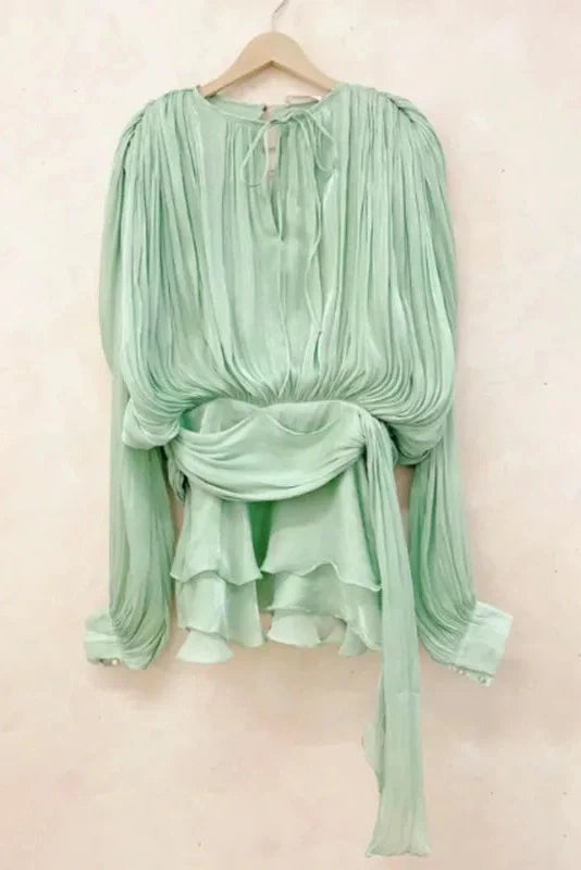 Elegant Pleated Long Sleeve High Waist Mini Dress