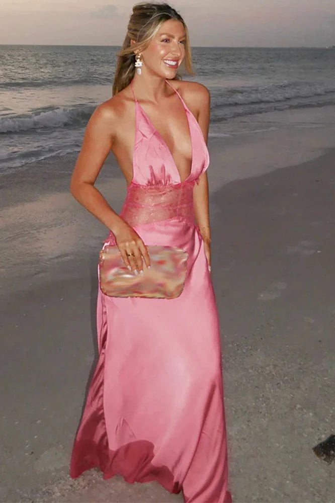 Lace Deep V-Neck Backless High Waist Slim Maxi Dress