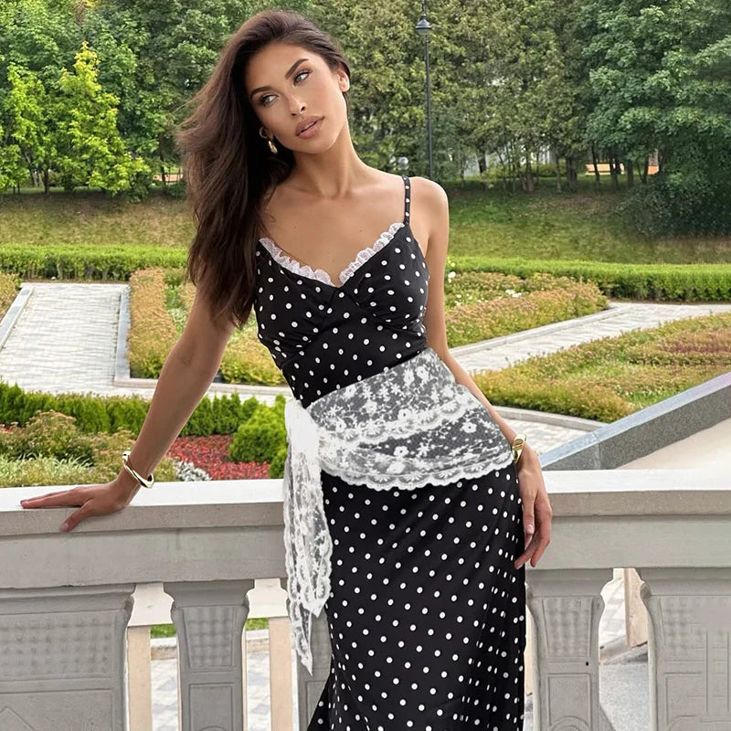 Polka Dot Deep V Neck Lace Slim Maxi Dress