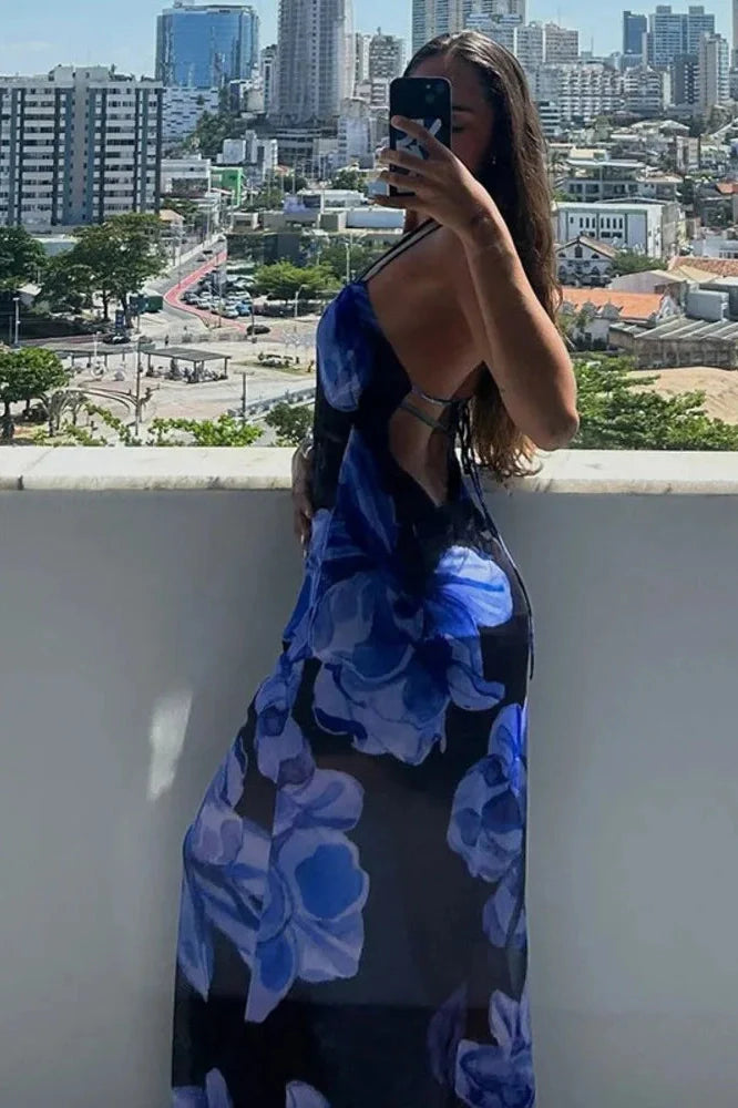 Printed Sleeveless Backless Lace-Up Maxi Dress