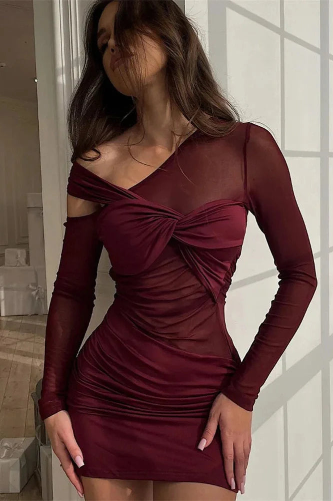 See-Through Pleated One-Shoulder High Waist Mini Dress
