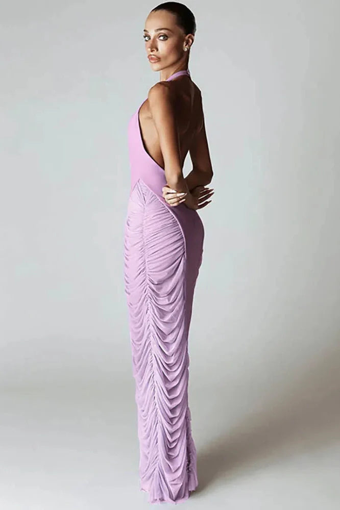 Deep V Neck Patchwork Mesh High Waist Maxi Dress