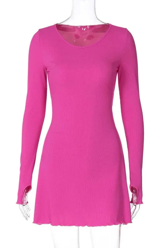 Long Sleeve O Neck Lace-up Mini Dress