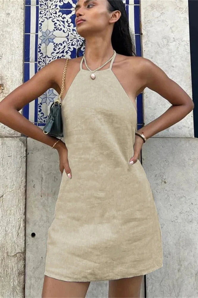Off-Shoulder Backless Lace-Up Patchwork Mini Dress