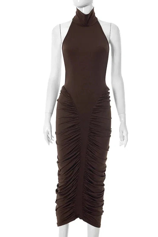 Elegant Pleated Sleeveless Backless Bodycon Midi Dress