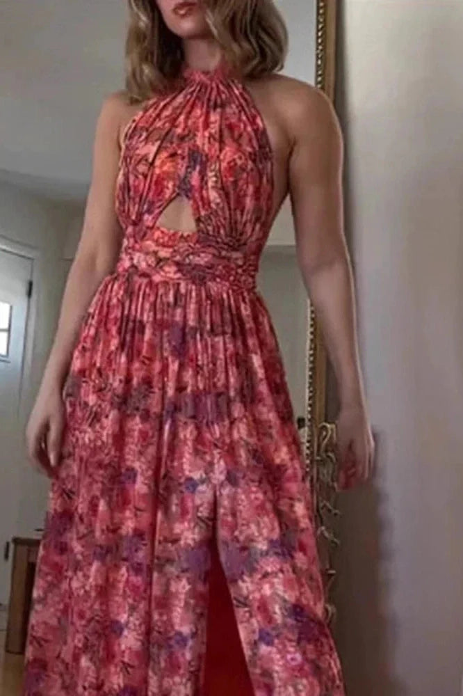 Hollow Out Sleeveless High Waist Pleated Printed Maxi Dress