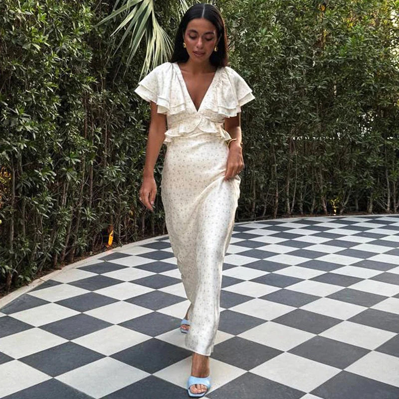 Printed V-Neck Sleeveless High Waisted Maxi Dress