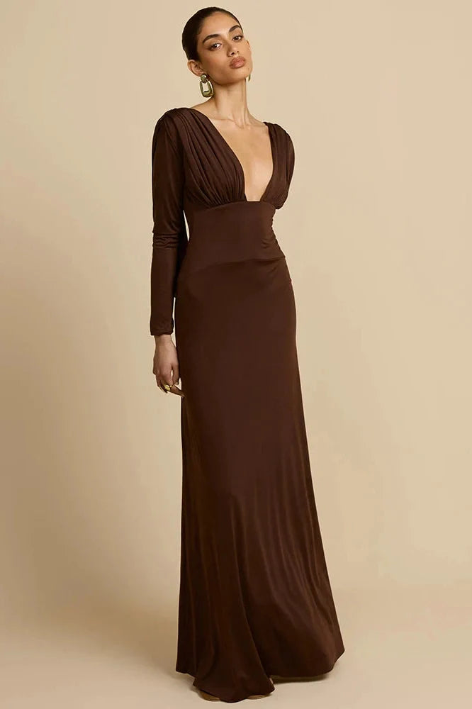 Deep V Neck Backless Long Sleeve High Waist Maxi Dress