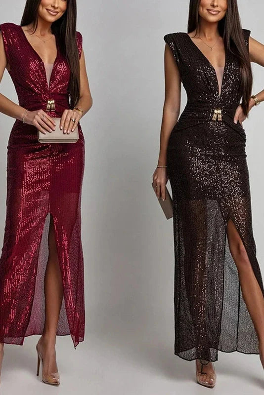 Deep V-Neck High Waist Split Fit Sleeveless Maxi Dress