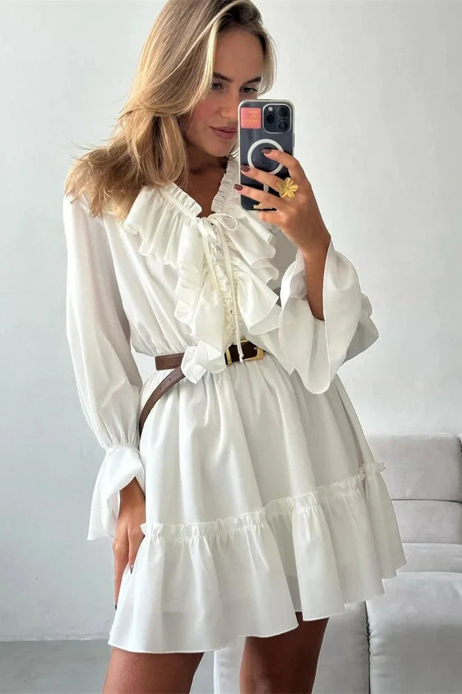 V-Neck Patchwork Long Sleeve High Waist Lace-Up Mini Dress
