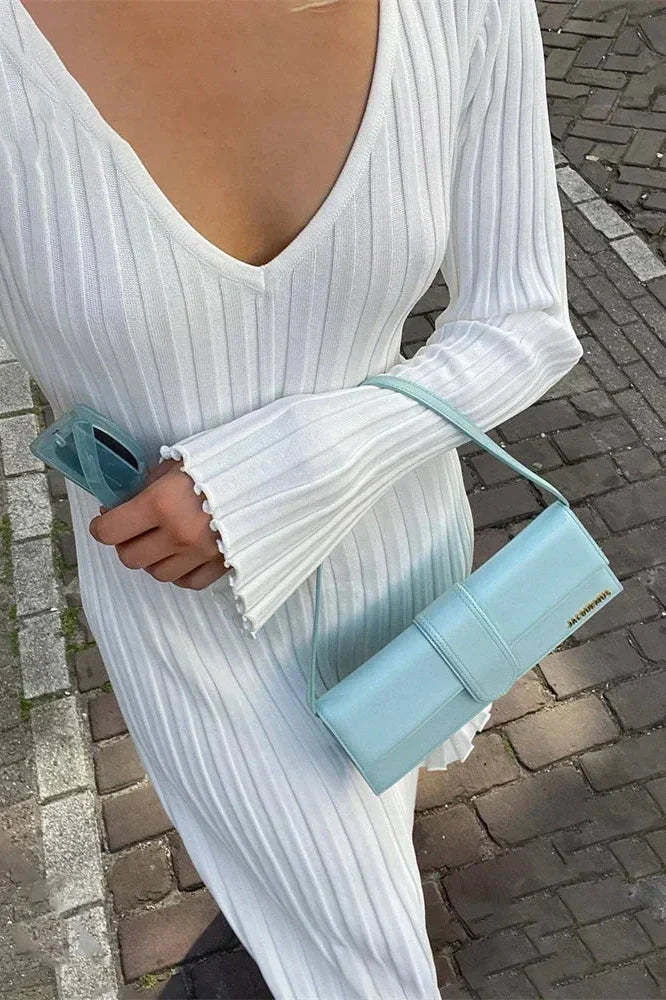 V-Neck Knit Long Sleeve High Waist Pleated Maxi Dress
