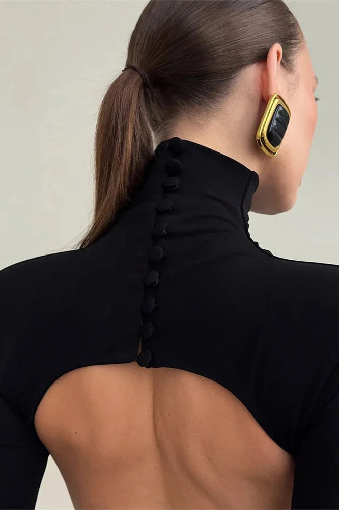 Backless Turtleneck Patchwork Slim Long Sleeve Maxi Dress
