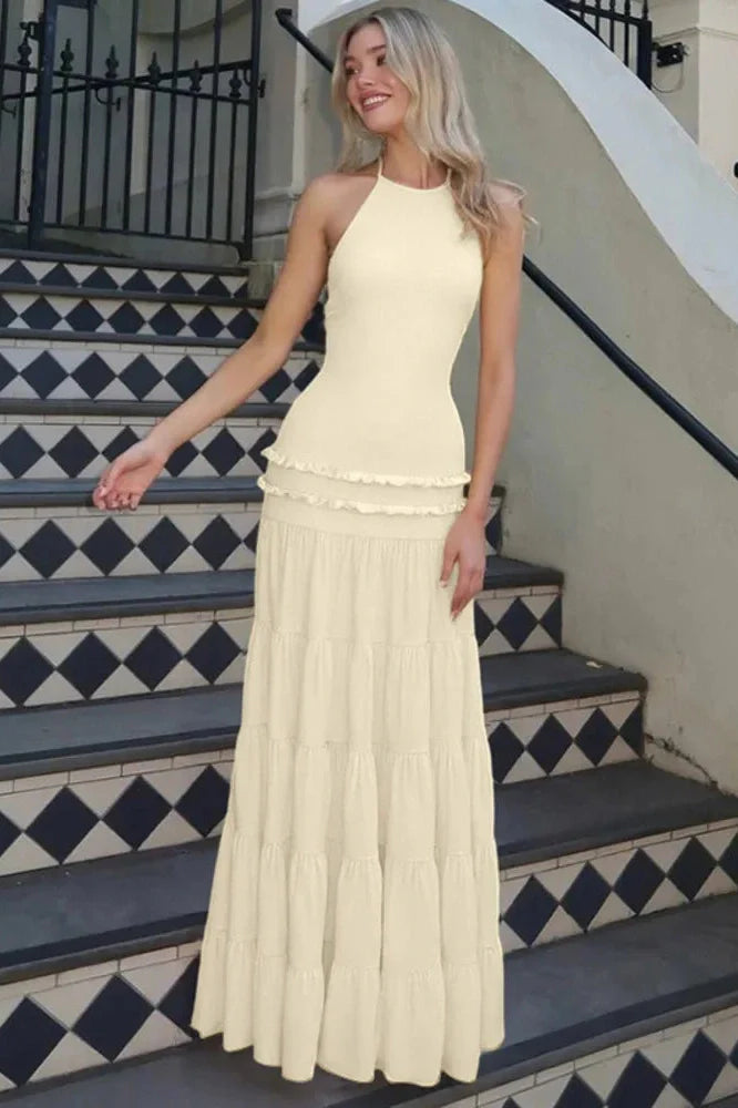 Backless Pleated Sleeveless High Waist Lace-Up A-Line Maxi Dress