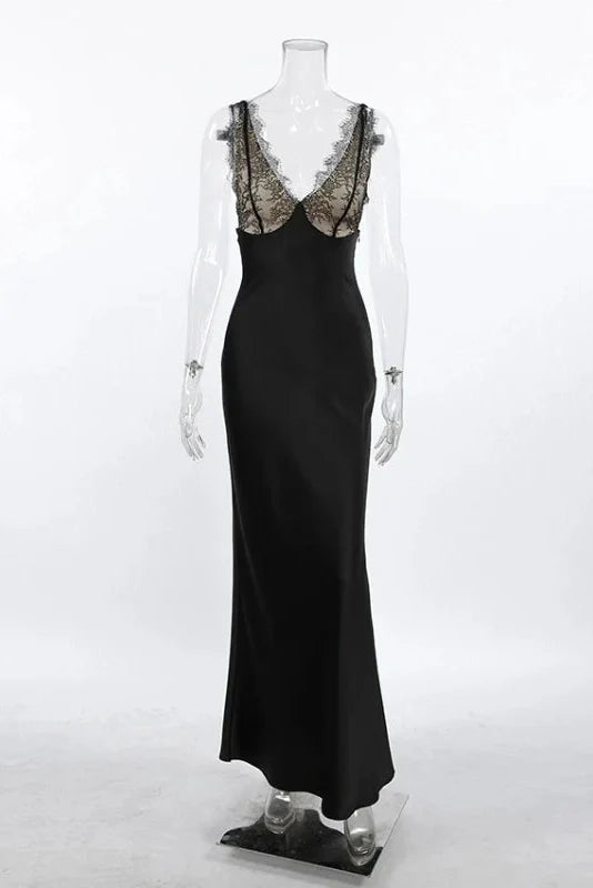 Lace Patchwork V-Neck Backless Sleeveless Maxi Dress