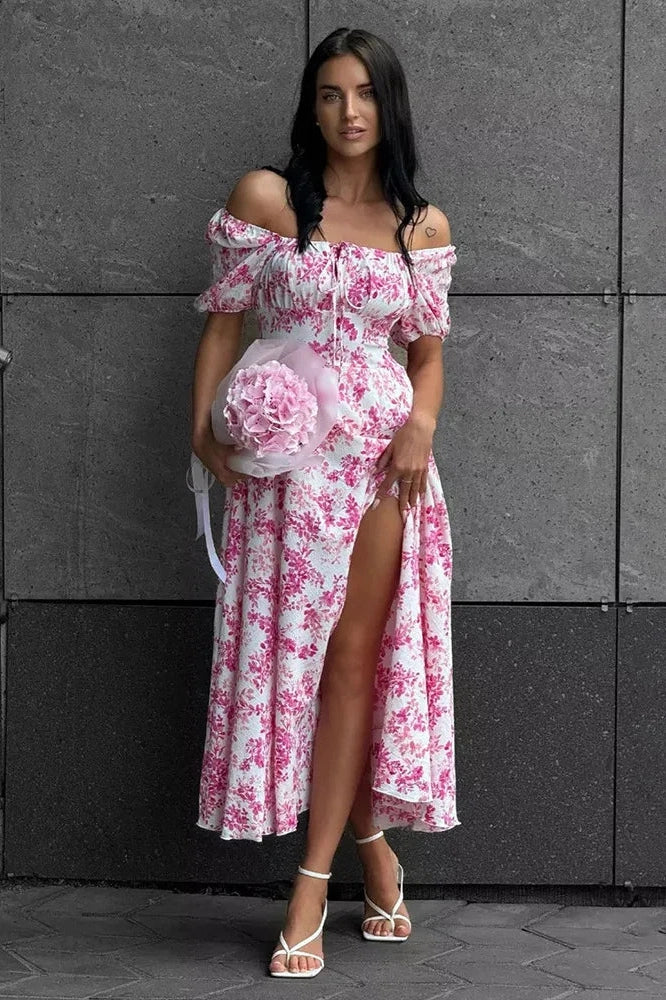Off Shoulder Floral Print Short-Sleeved Lace-Up Slit Maxi Dress