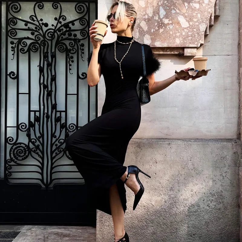Elegant Patchwork High Collar Maxi Dress