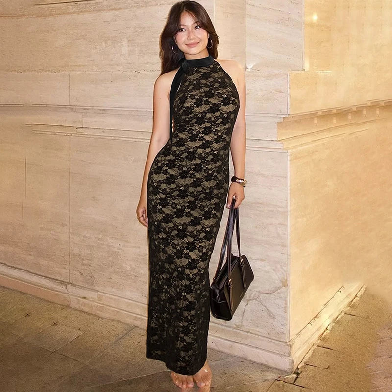 Lace Backless High Waist Slim Maxi Dress
