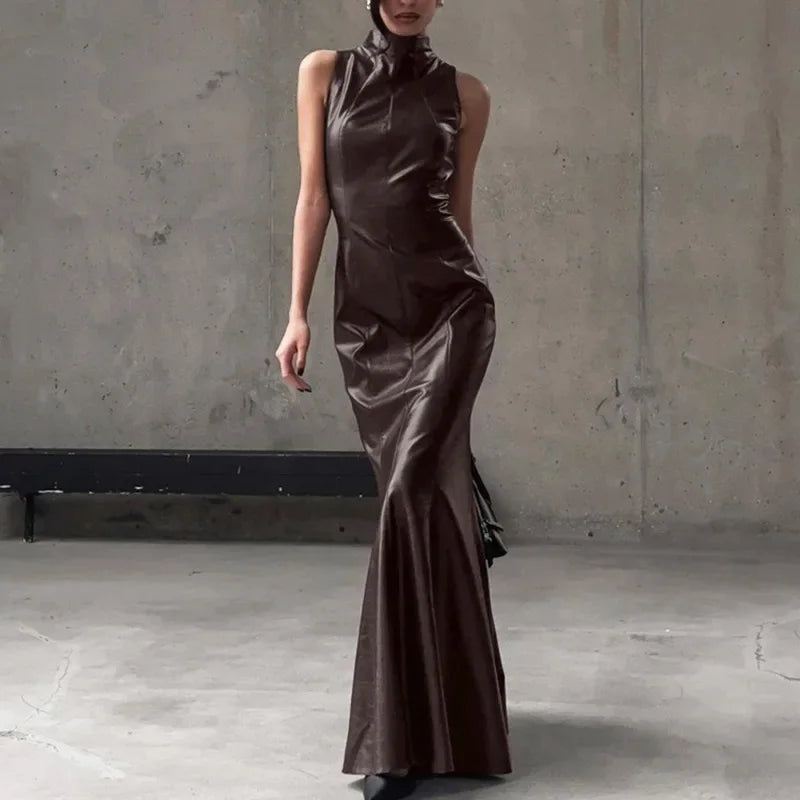 PU Leather Patchwork High Waist Sleeveless Maxi Dress