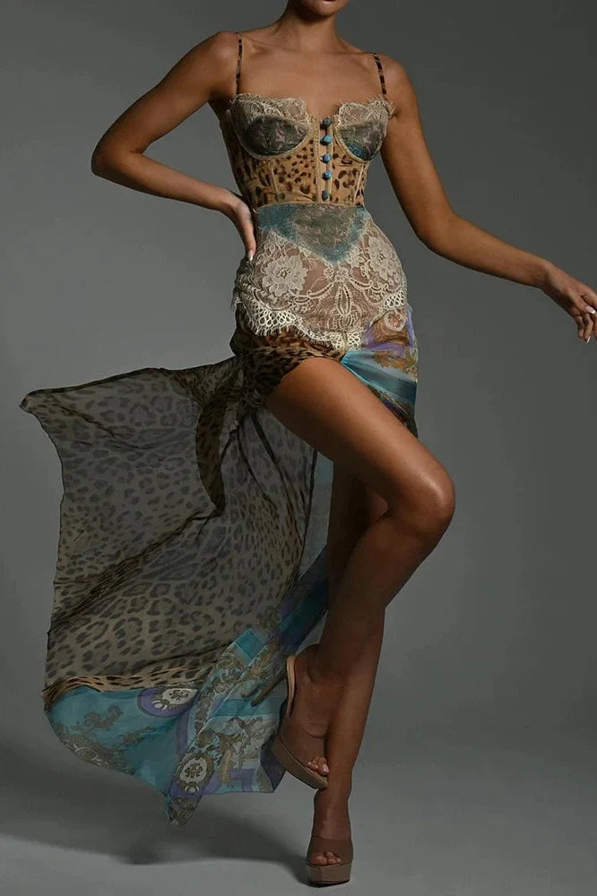 Printed Lace Split Patchwork Sleeveless Backless Maxi Dress