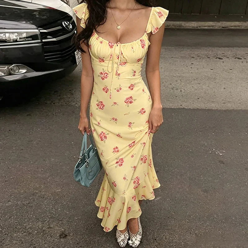 Printed Sleeveless Square Collar Slim Maxi Dress