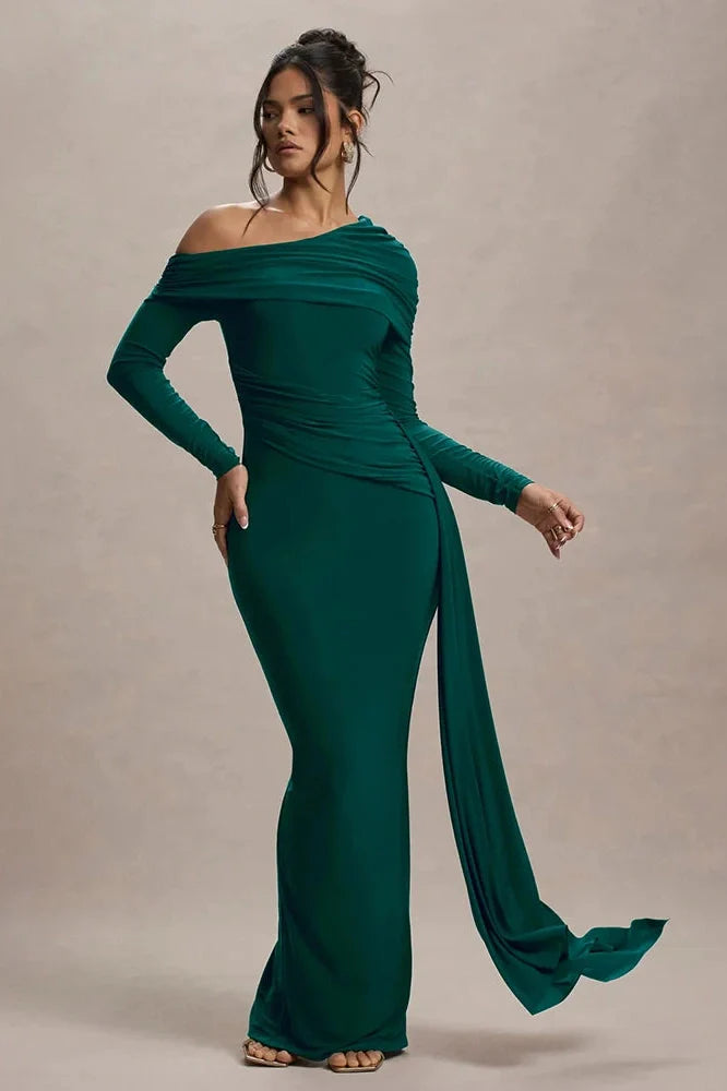 Skew Collar Long Sleeve Backless Bodycon Maxi Dress