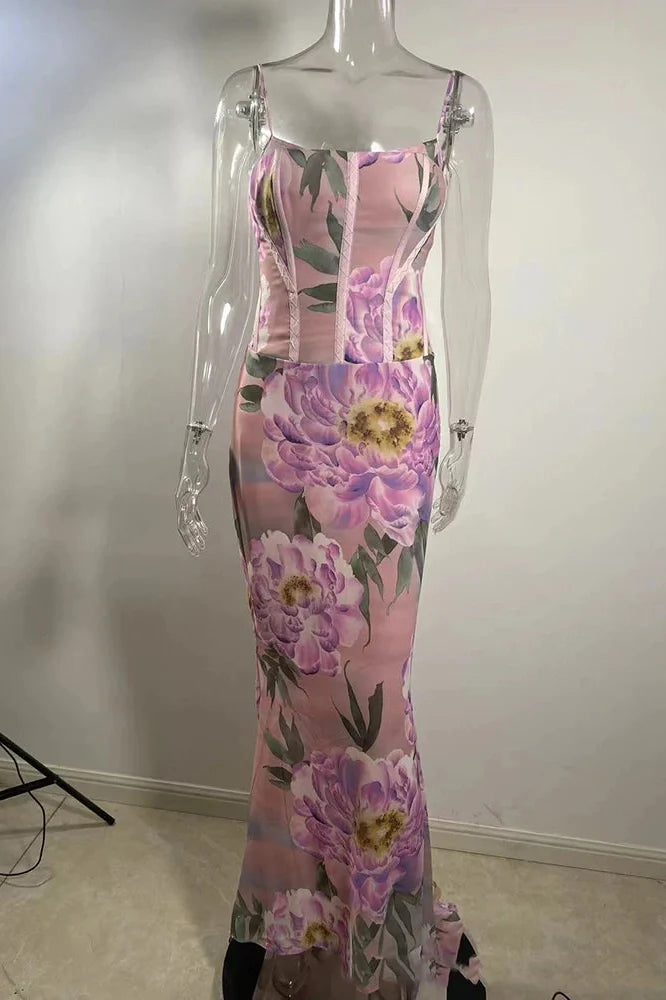 Floral Spaghetti Strap Sleeveless Backless Maxi Dress
