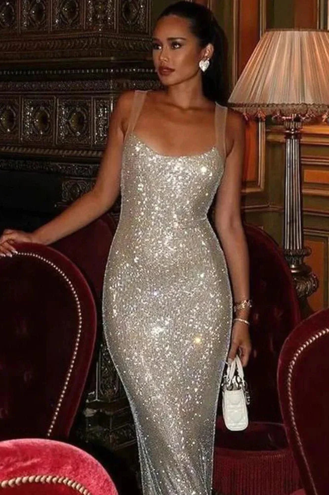 Sleeveless Sparkle Backless High Waist Bodycon Maxi Dress