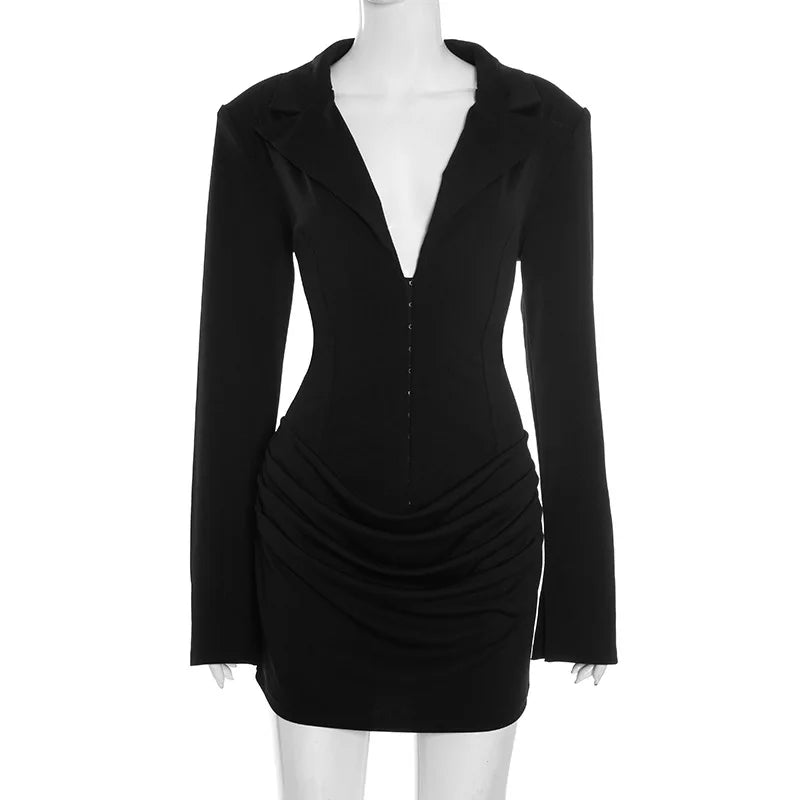 Deep V Neck Long Sleeve High Waist Mini Dress