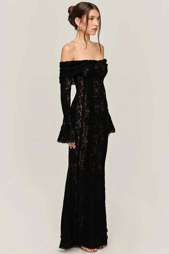 Lace Off-Shoulder Strapless Backless Long Sleeve Maxi Dress