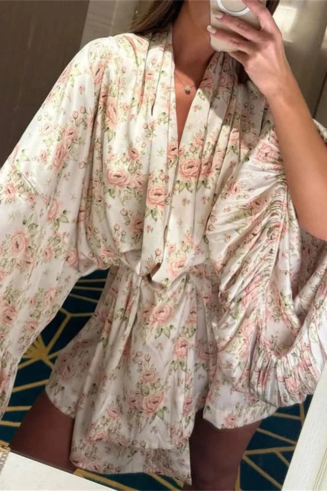 Printed V-Neck Lace-Up Patchwork Loose Mini Dress