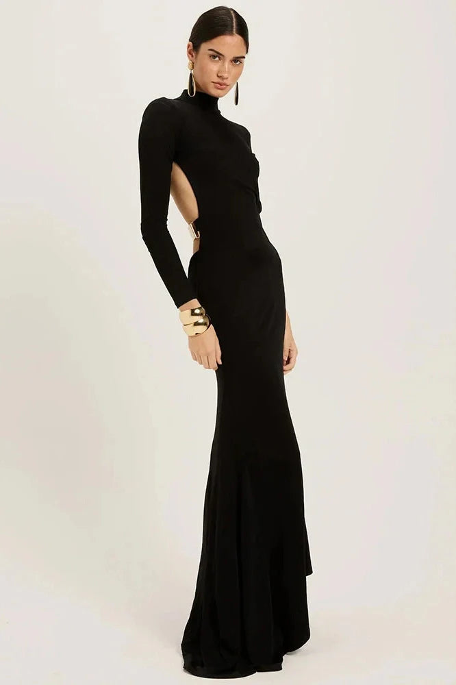 Backless Long Sleeve High Collar Bodycon Maxi Dress